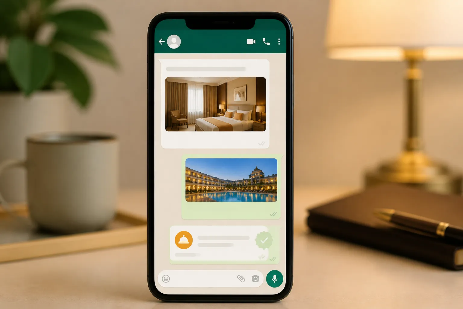 Smartphone showing a WhatsApp booking confirmation conversation