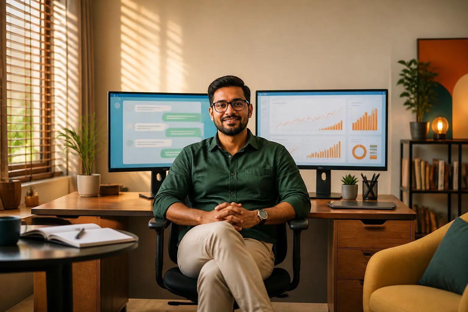 Marketing consultant reviewing WhatsApp automation and Meta Ads funnel setup on dual monitors