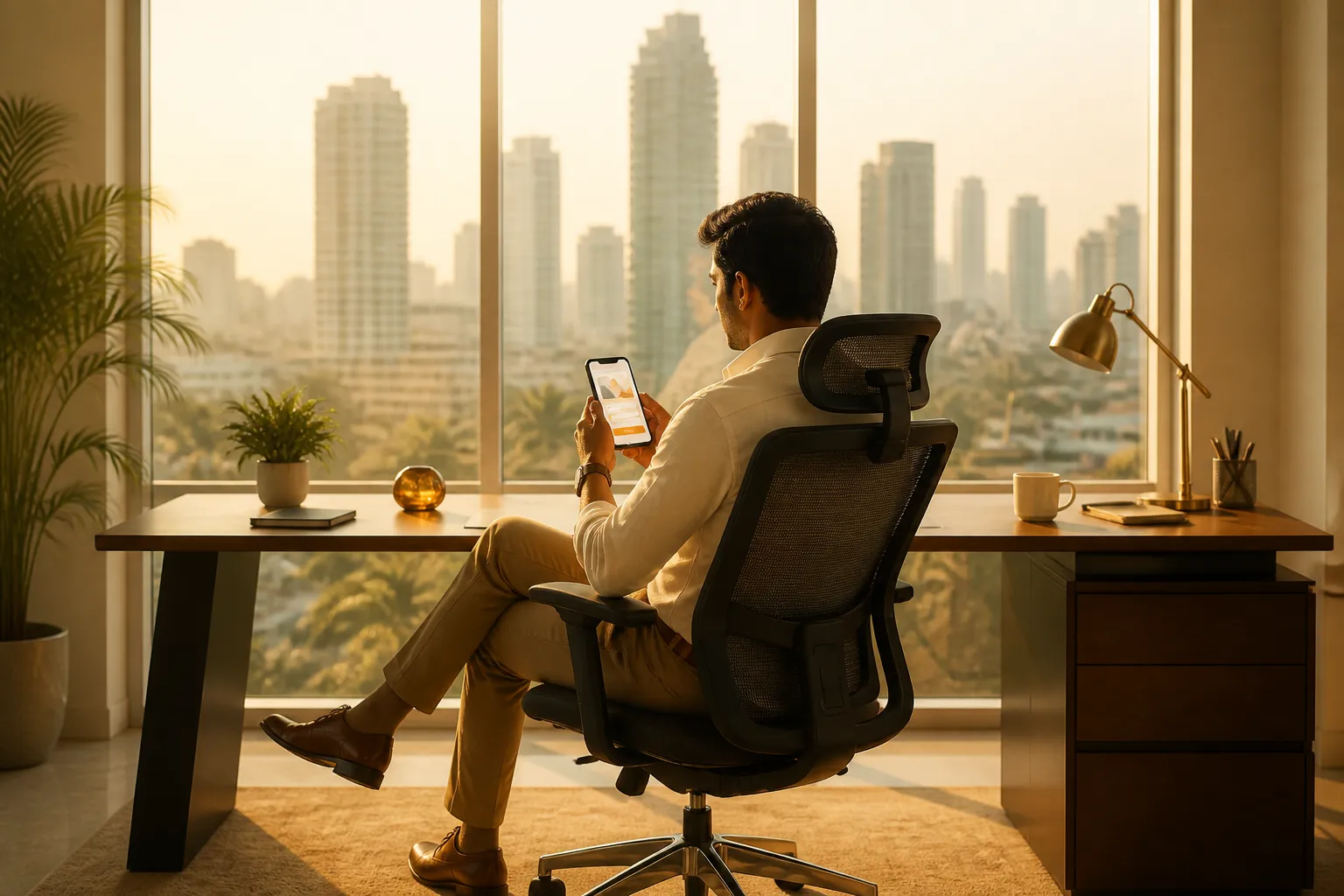 Marketing manager reviewing a mobile landing page in a Mumbai office