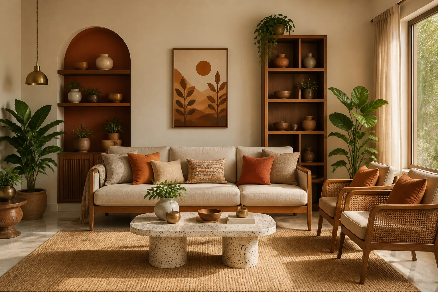 Beautifully designed modern Indian living room with warm terracotta and cream tones