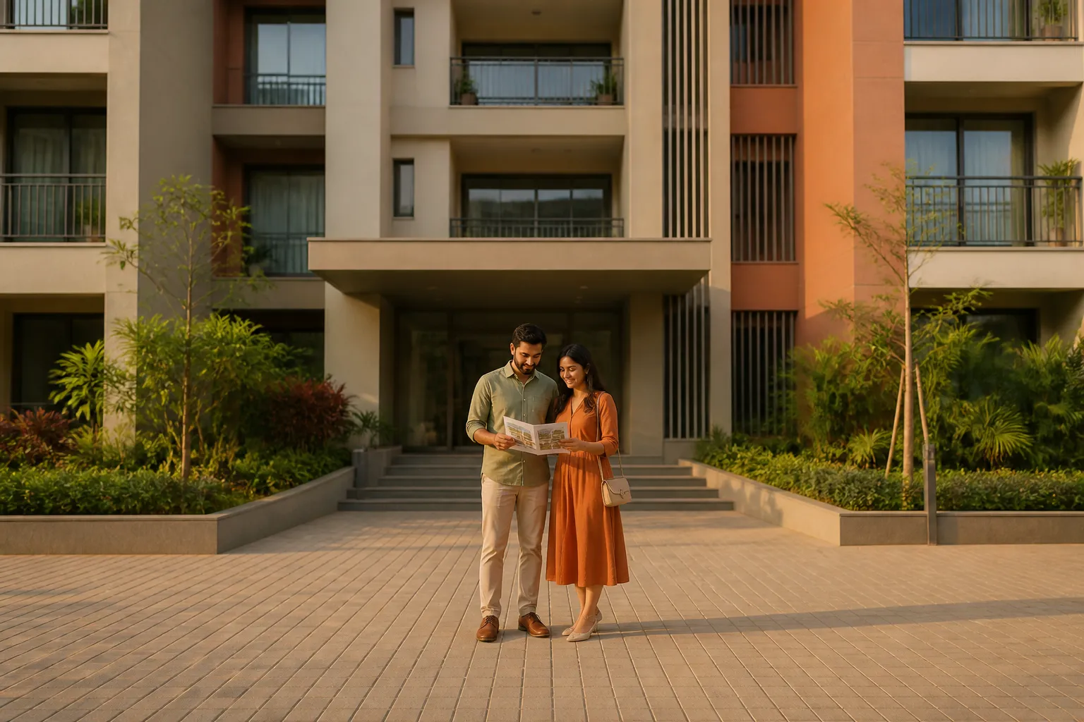 Young couple viewing a modern residential property in Pune