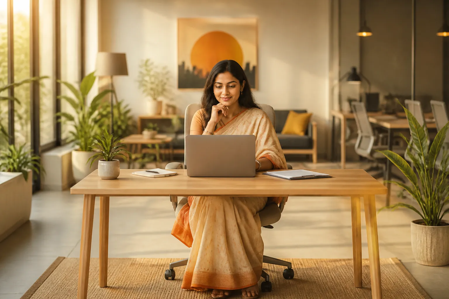 CorAgenAi consultant reviewing a client funnel audit on a laptop in a warm Mumbai workspace